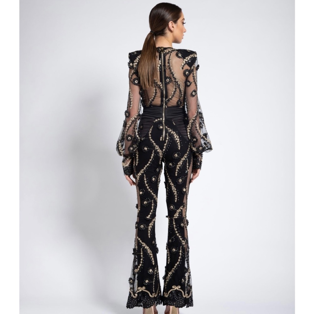 Zhivago Black Sheer Embellished V-Neck Long-Sleeve Jumpsuit with Gold Beading - Picture 2 of 9